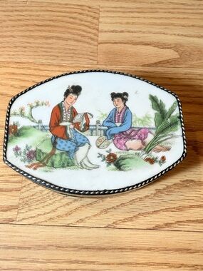Antique, Chinese trinket box porcelain lid,lacquer box ,1940s